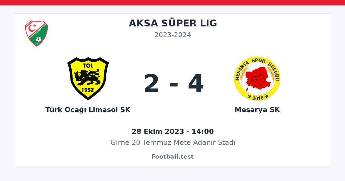 Türk Ocağı Limasol SK - Mesarya SK 2 - 4 paylaşım kartı
