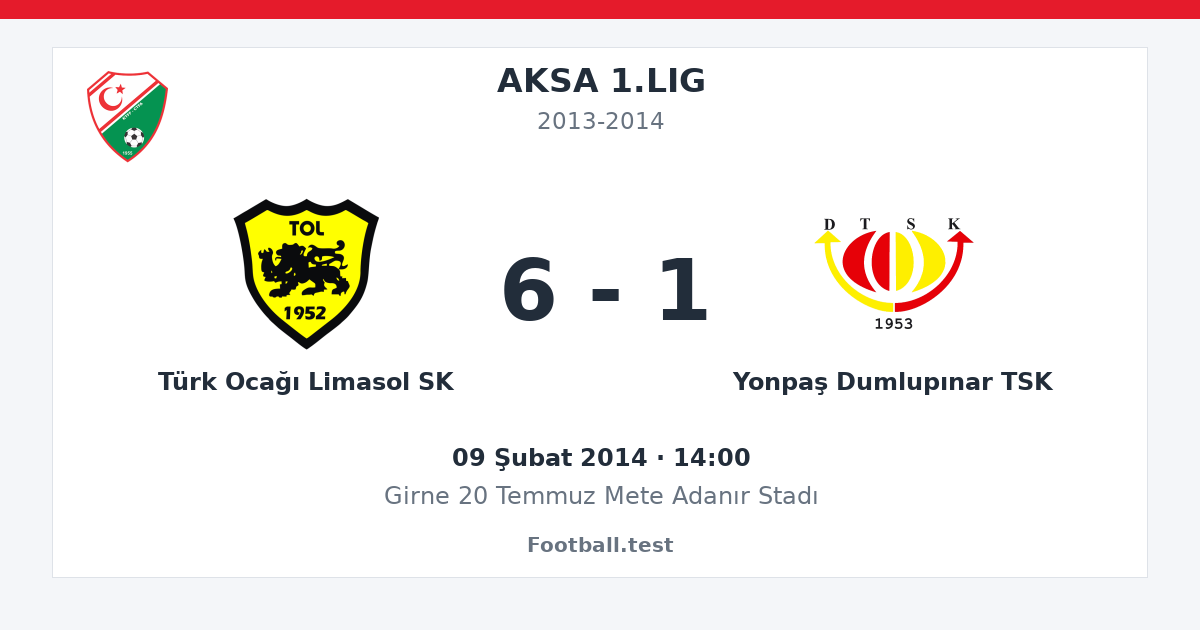 Türk Ocağı Limasol SK - Yonpaş Dumlupınar TSK 6 - 1 paylaşım kartı