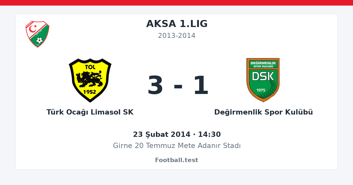 Türk Ocağı Limasol SK - Değirmenlik Spor Kulübü 3 - 1 paylaşım kartı